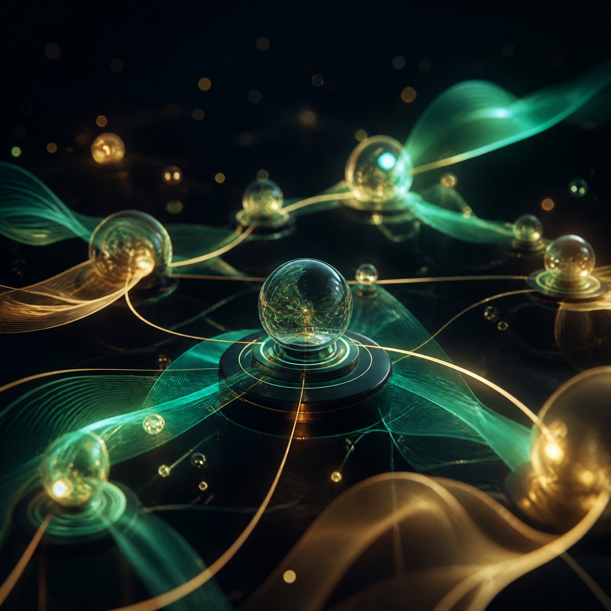 Light-flow orchestration visual in jade and champagne on midnight